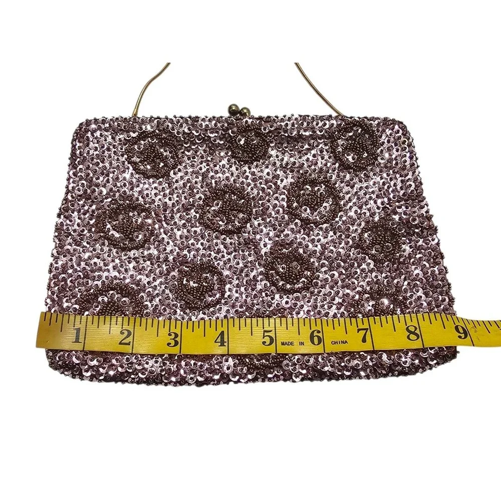 Vintage Hand Beaded Evening Bag with Sequins and Rhinestone Clasp